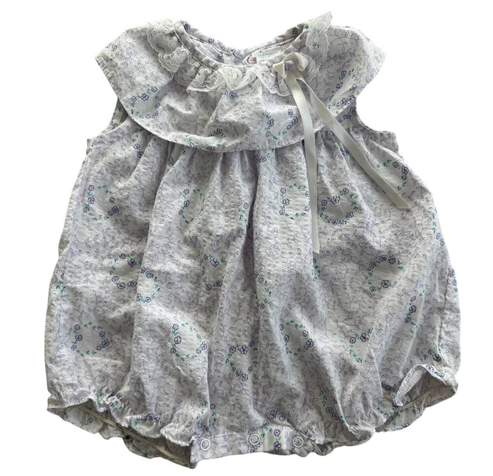Vintage 80's 90's Purple Floral Lace Trim Baby girl  bubble romper 0-6 months